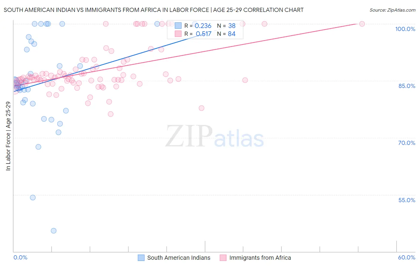 South American Indian vs Immigrants from Africa In Labor Force | Age 25-29