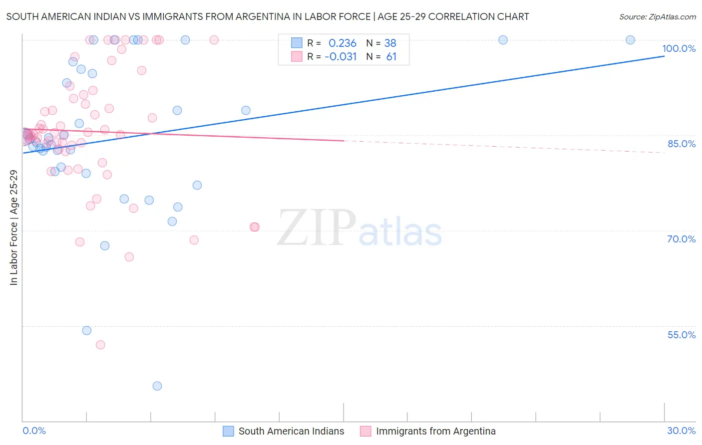 South American Indian vs Immigrants from Argentina In Labor Force | Age 25-29