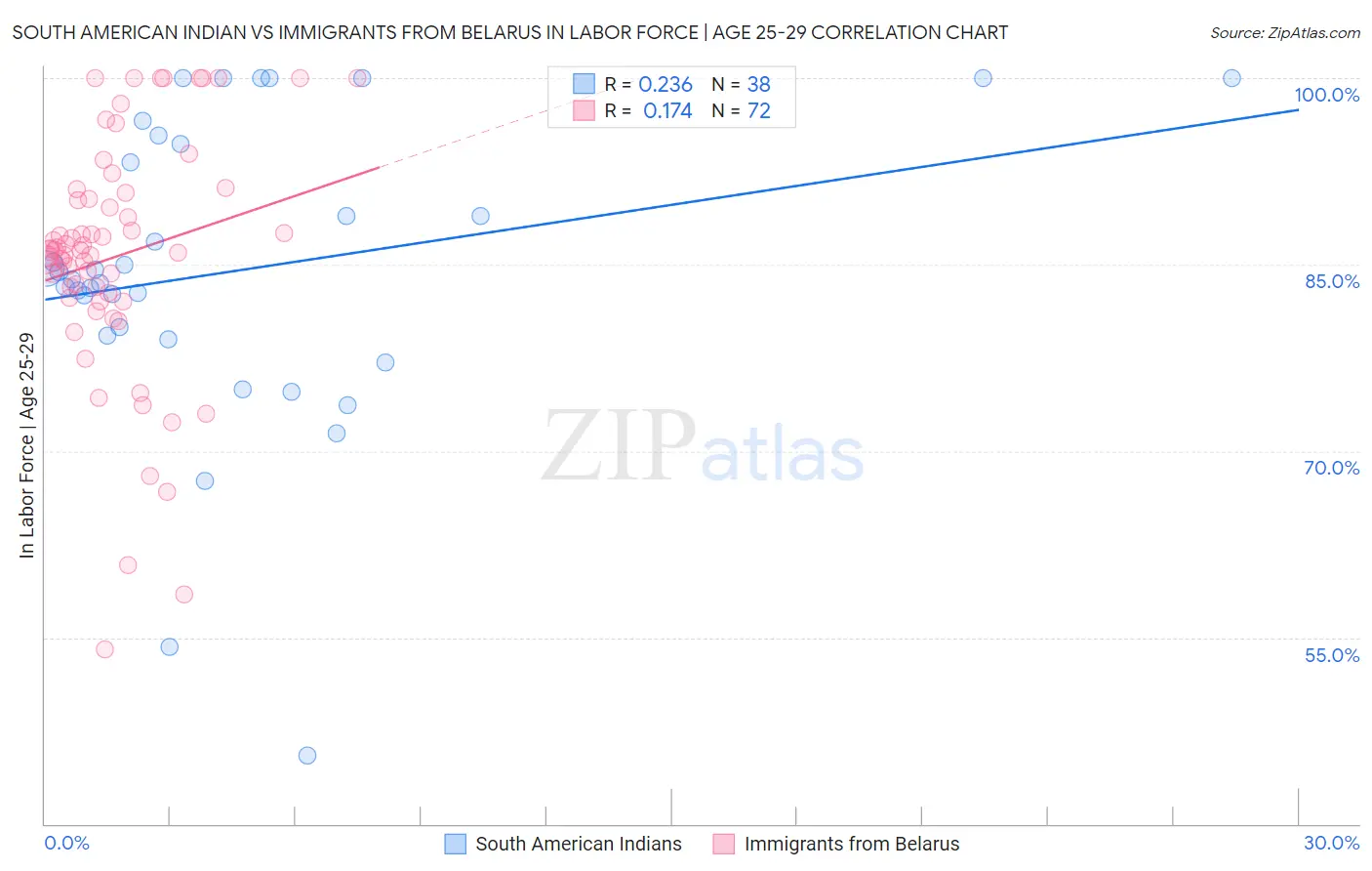 South American Indian vs Immigrants from Belarus In Labor Force | Age 25-29