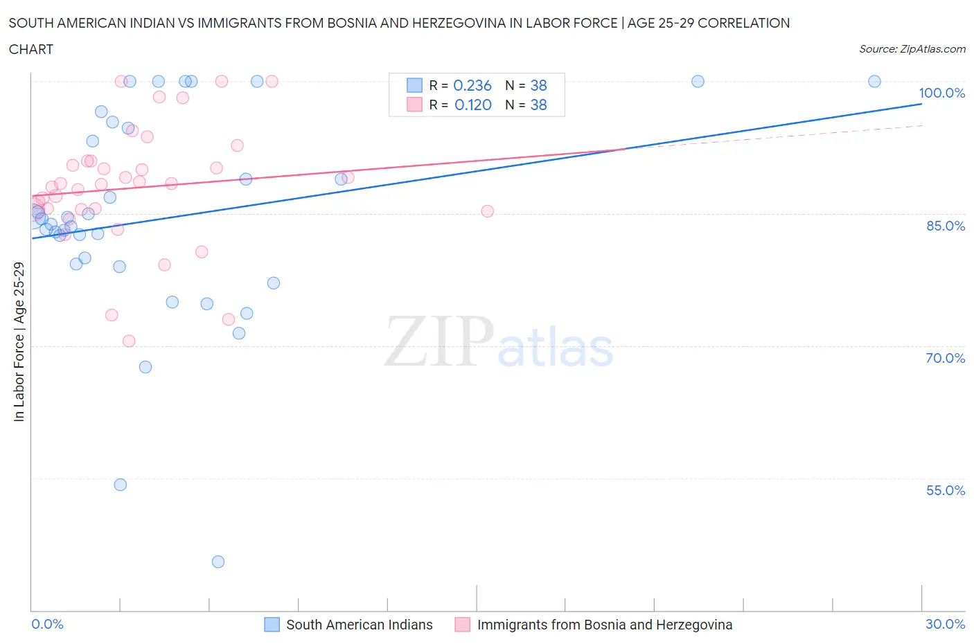 South American Indian vs Immigrants from Bosnia and Herzegovina In Labor Force | Age 25-29