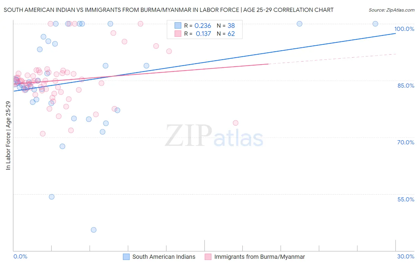 South American Indian vs Immigrants from Burma/Myanmar In Labor Force | Age 25-29