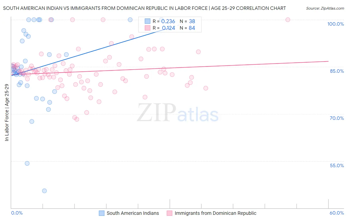 South American Indian vs Immigrants from Dominican Republic In Labor Force | Age 25-29