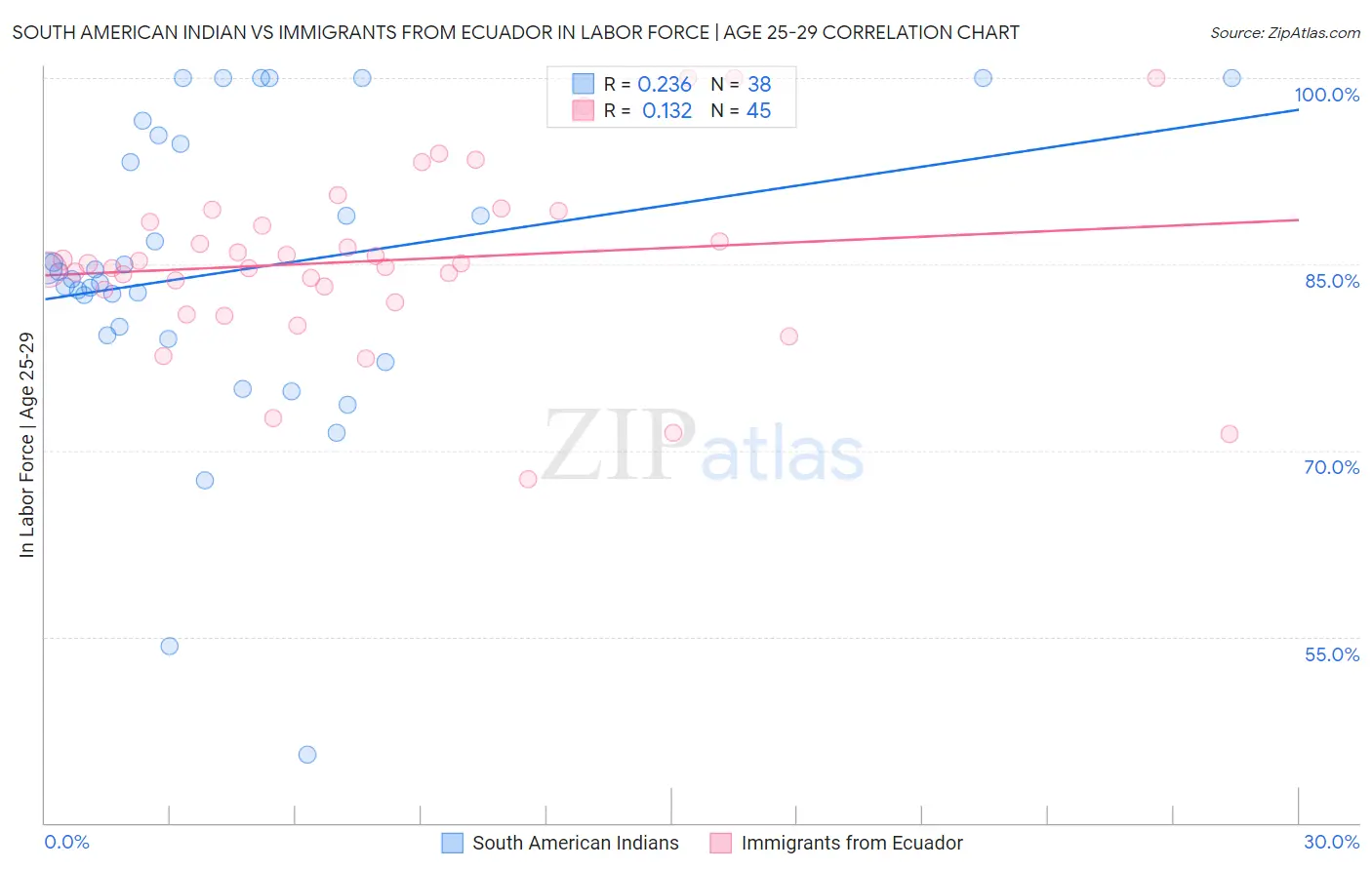 South American Indian vs Immigrants from Ecuador In Labor Force | Age 25-29