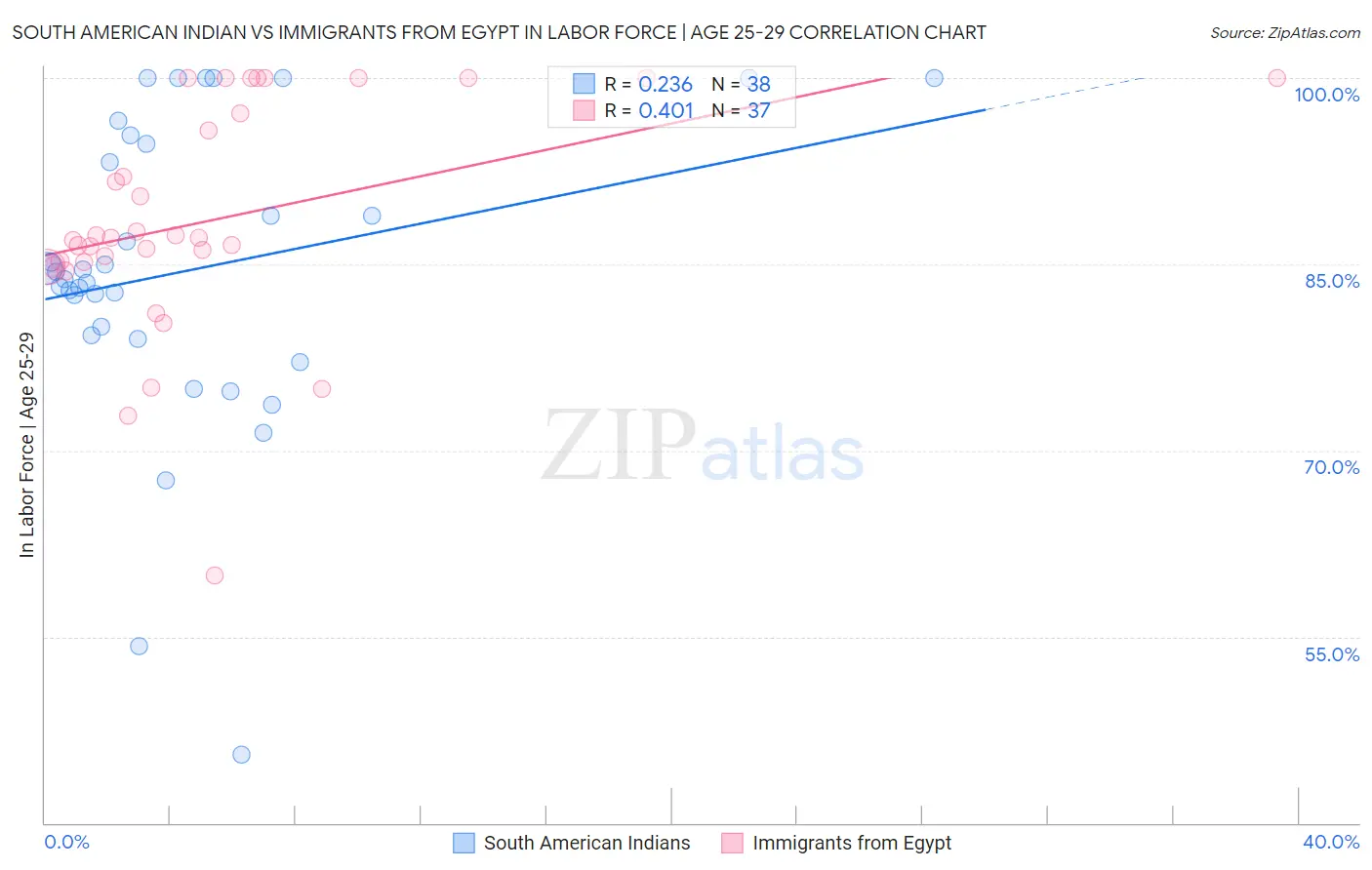 South American Indian vs Immigrants from Egypt In Labor Force | Age 25-29