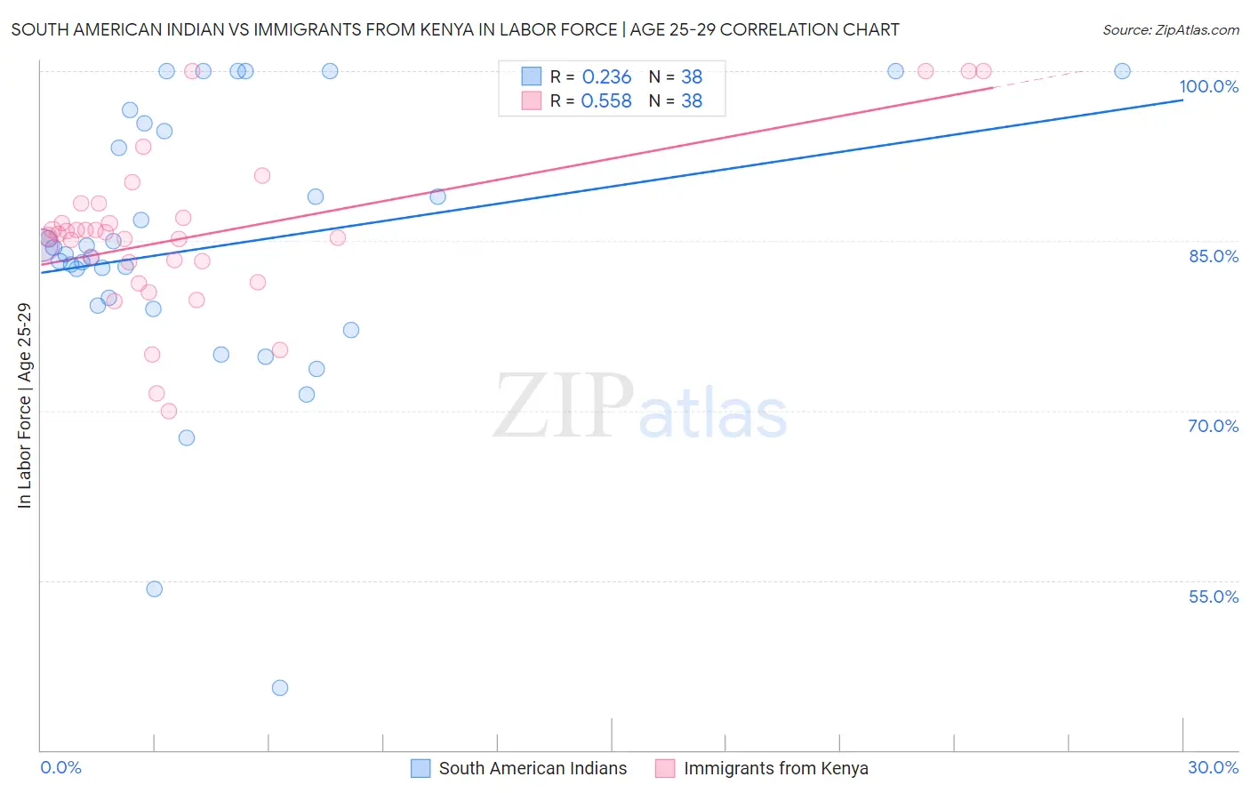 South American Indian vs Immigrants from Kenya In Labor Force | Age 25-29