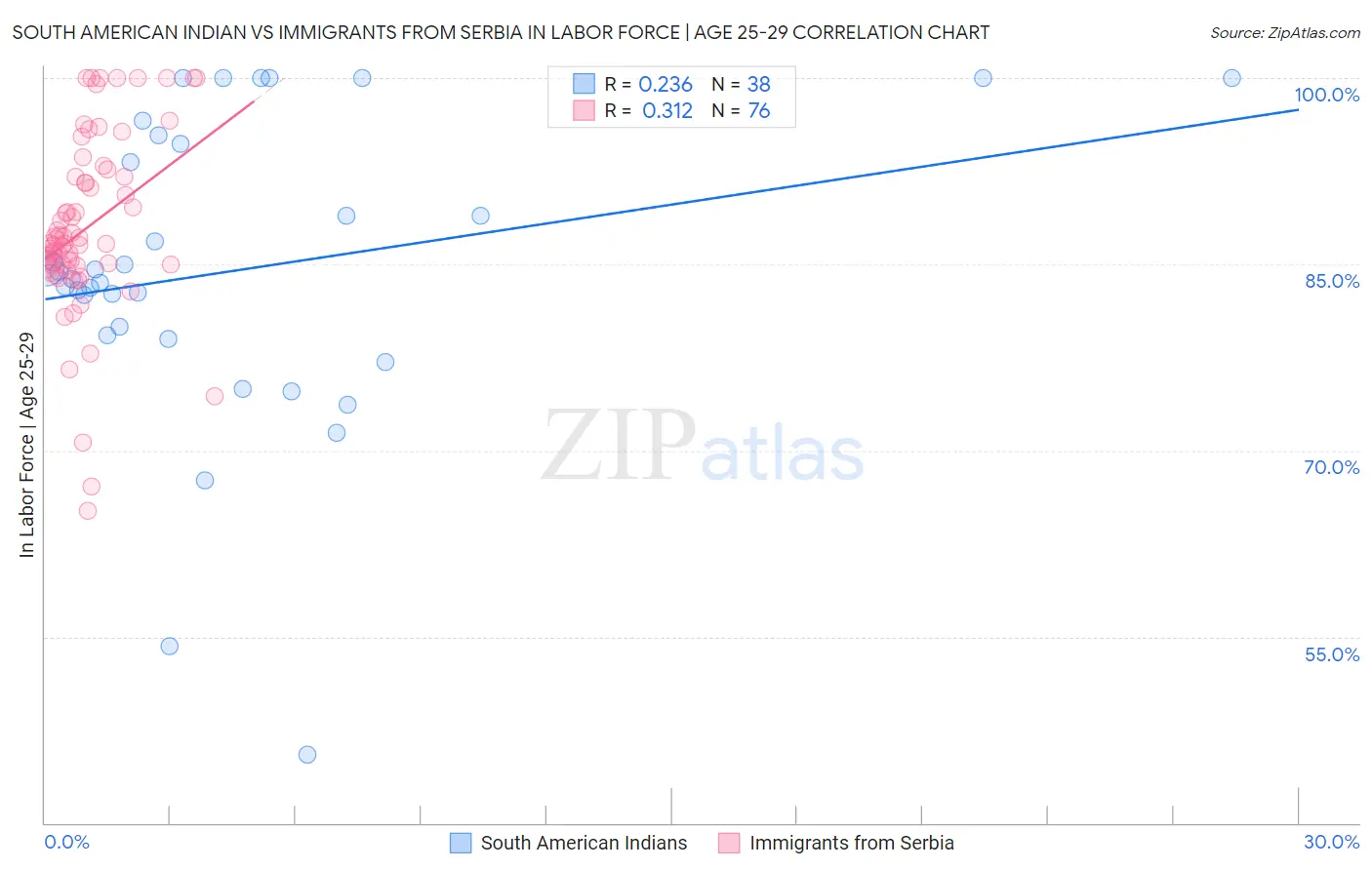South American Indian vs Immigrants from Serbia In Labor Force | Age 25-29