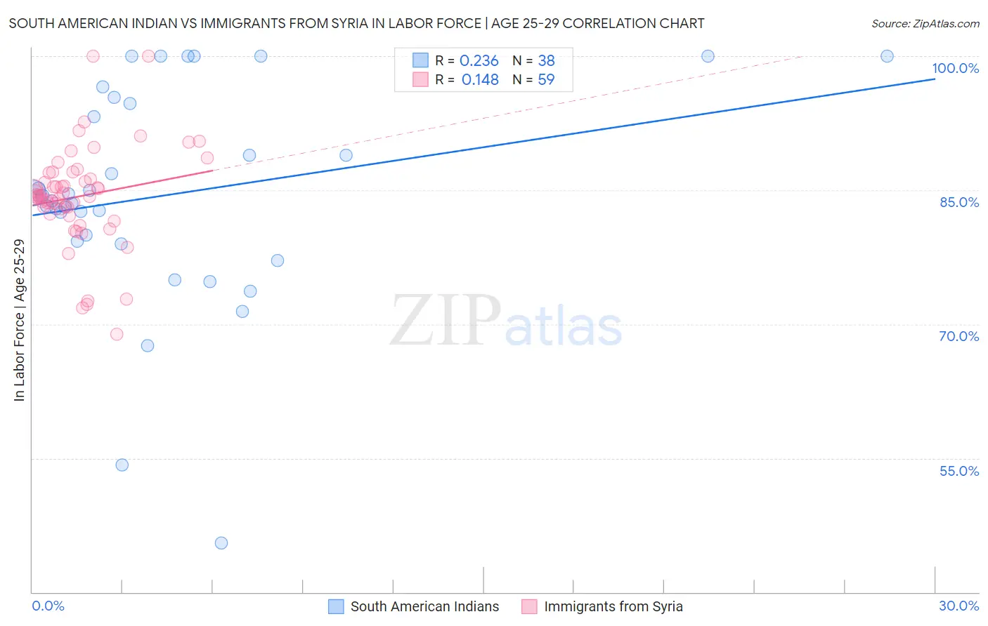 South American Indian vs Immigrants from Syria In Labor Force | Age 25-29