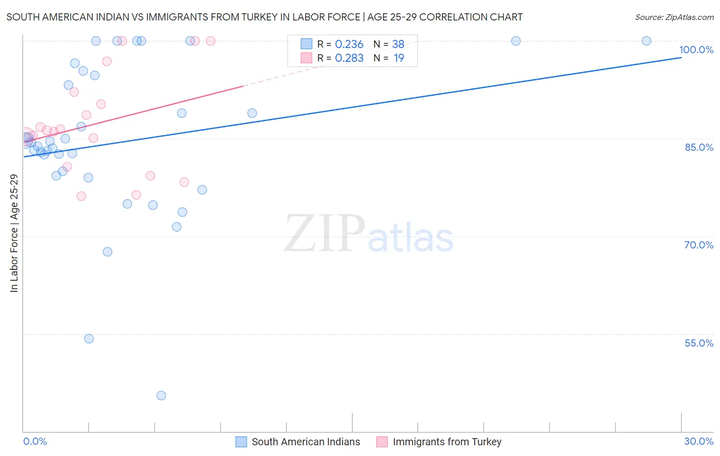 South American Indian vs Immigrants from Turkey In Labor Force | Age 25-29