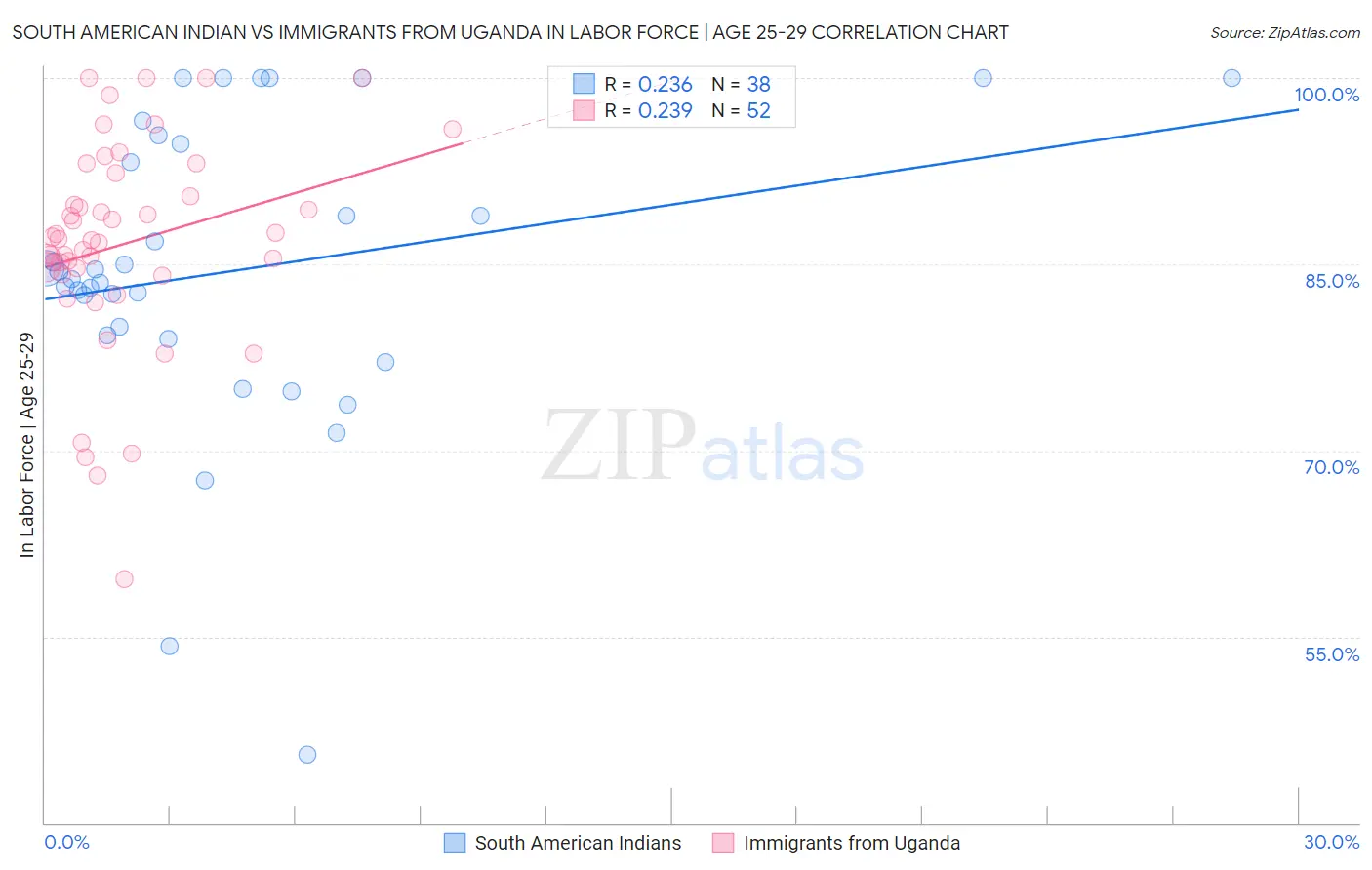 South American Indian vs Immigrants from Uganda In Labor Force | Age 25-29