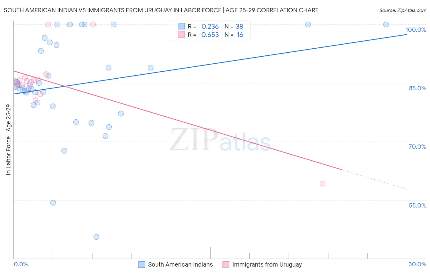South American Indian vs Immigrants from Uruguay In Labor Force | Age 25-29