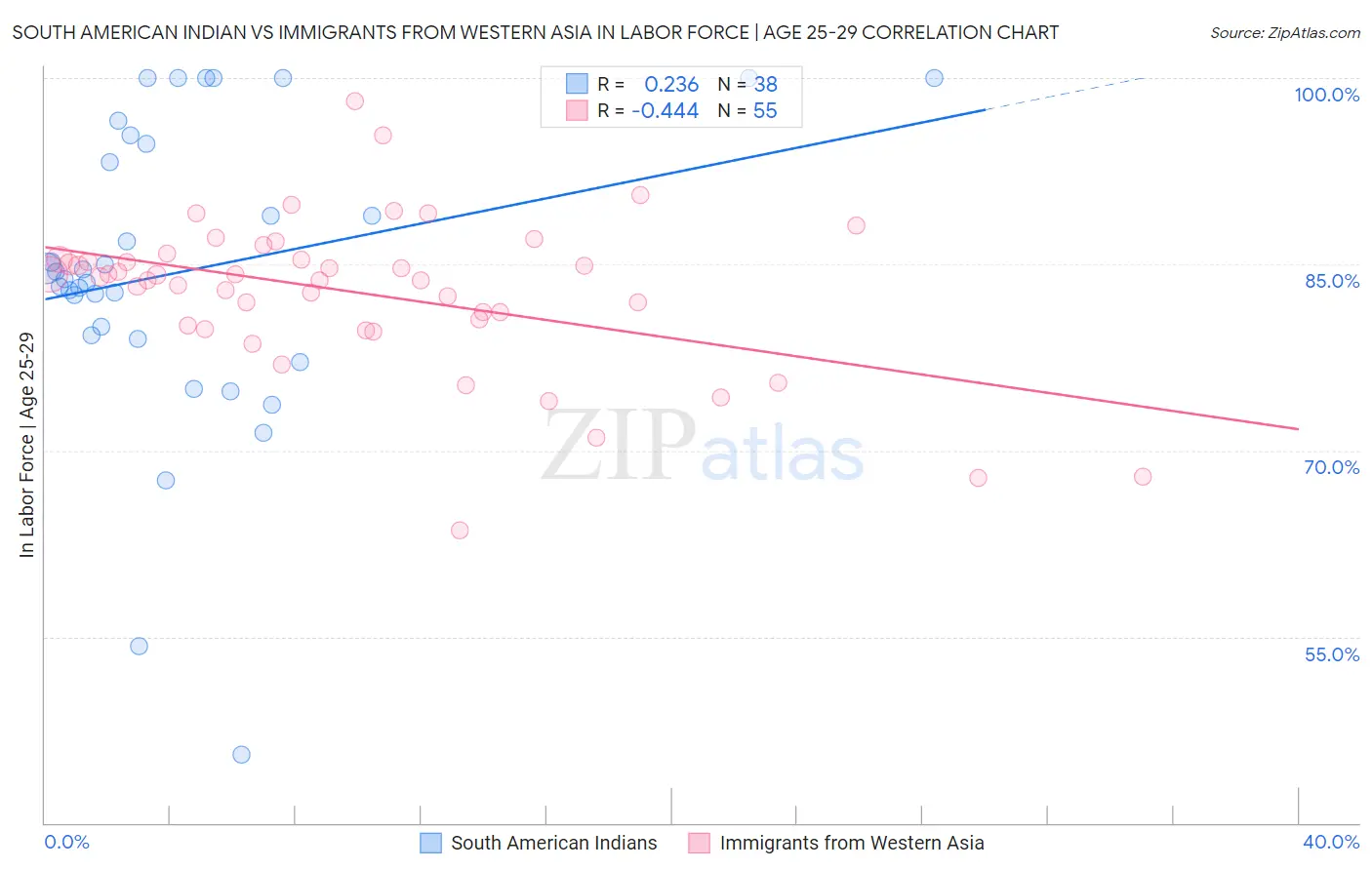 South American Indian vs Immigrants from Western Asia In Labor Force | Age 25-29