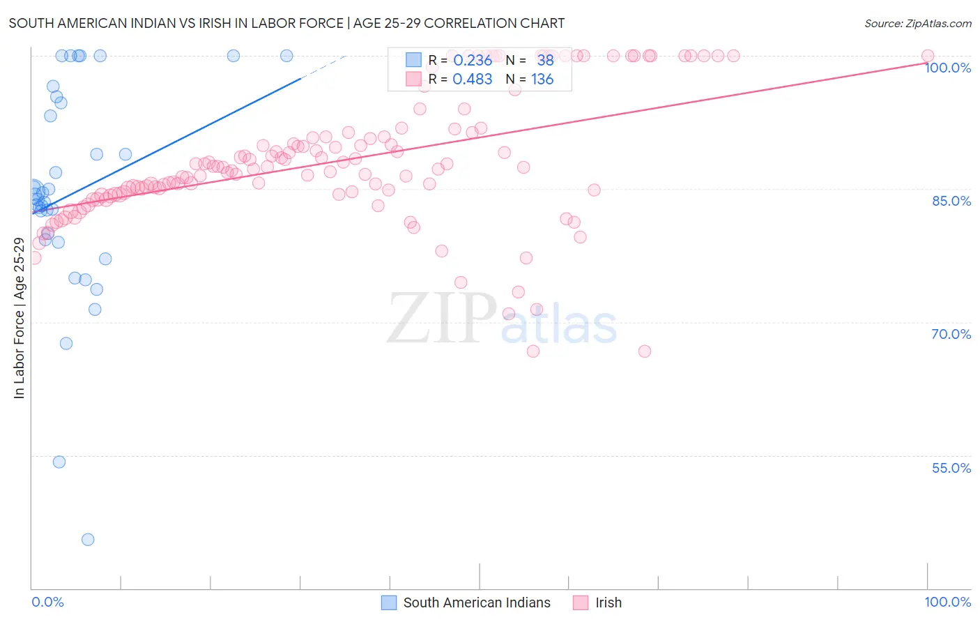 South American Indian vs Irish In Labor Force | Age 25-29