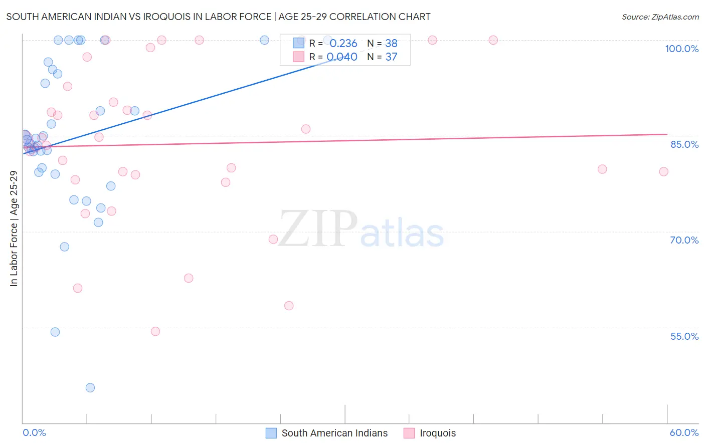 South American Indian vs Iroquois In Labor Force | Age 25-29