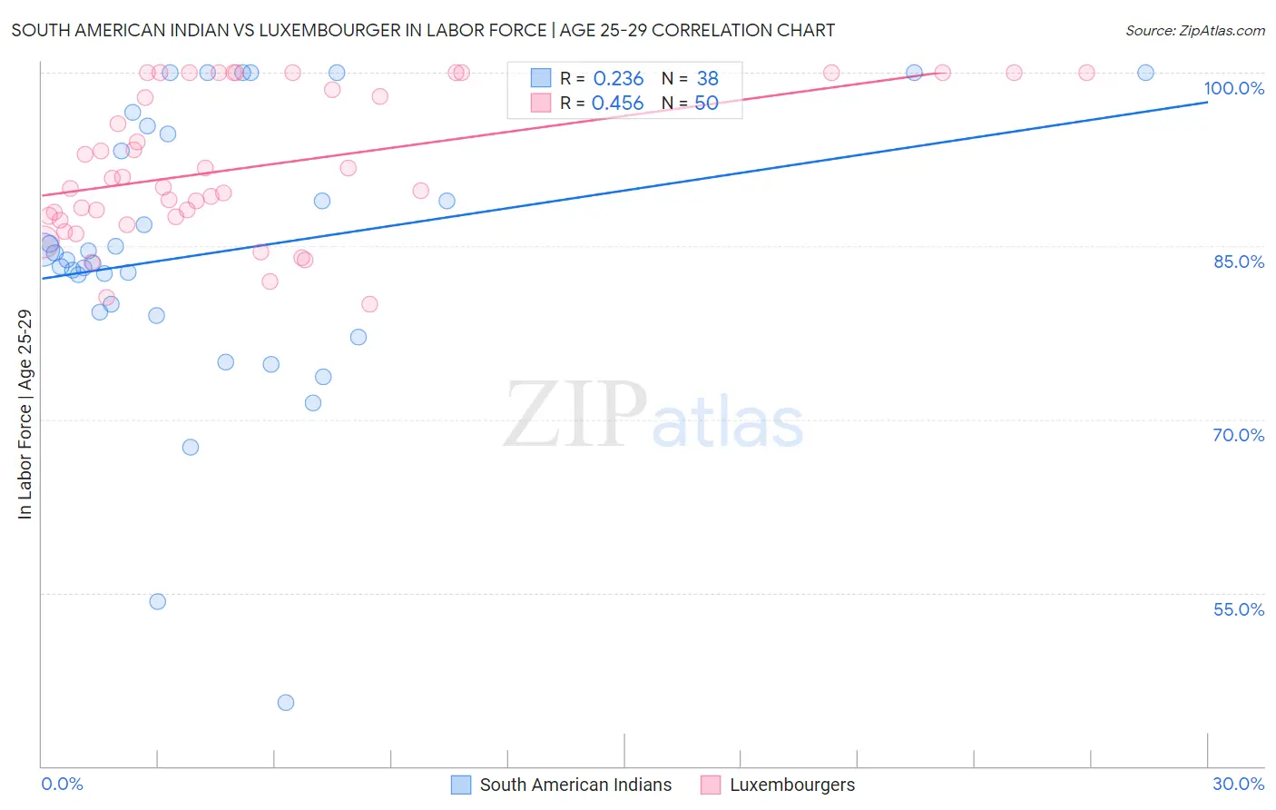 South American Indian vs Luxembourger In Labor Force | Age 25-29