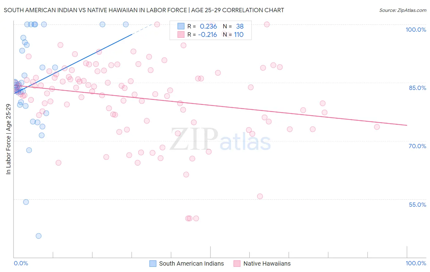 South American Indian vs Native Hawaiian In Labor Force | Age 25-29