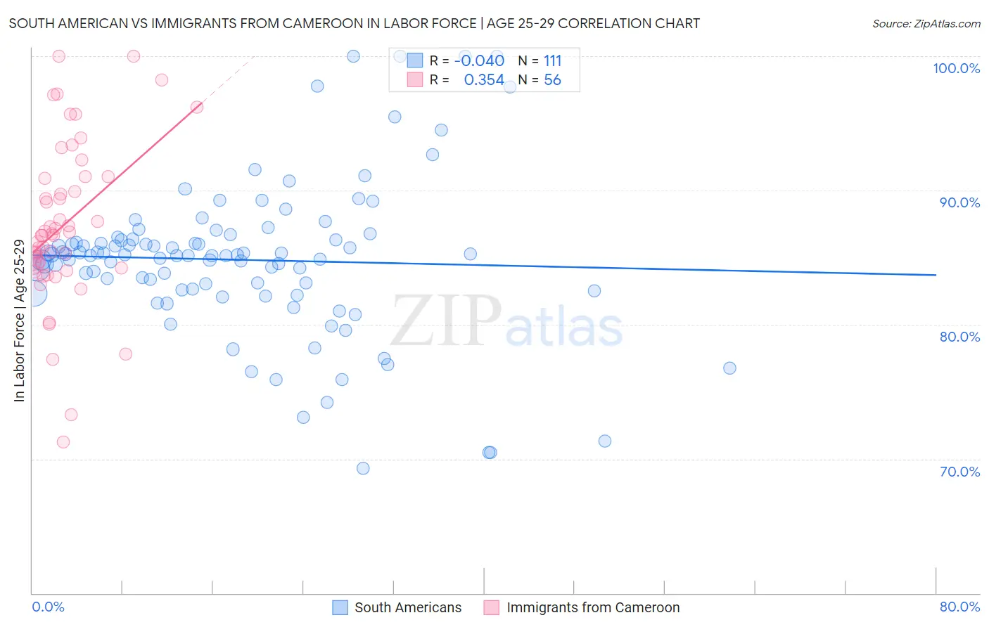 South American vs Immigrants from Cameroon In Labor Force | Age 25-29