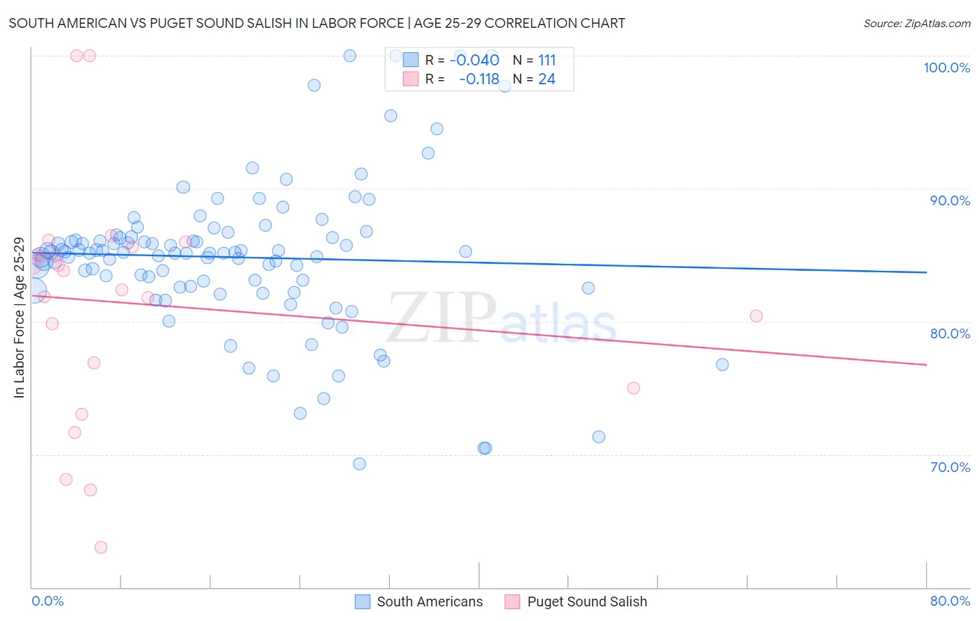 South American vs Puget Sound Salish In Labor Force | Age 25-29