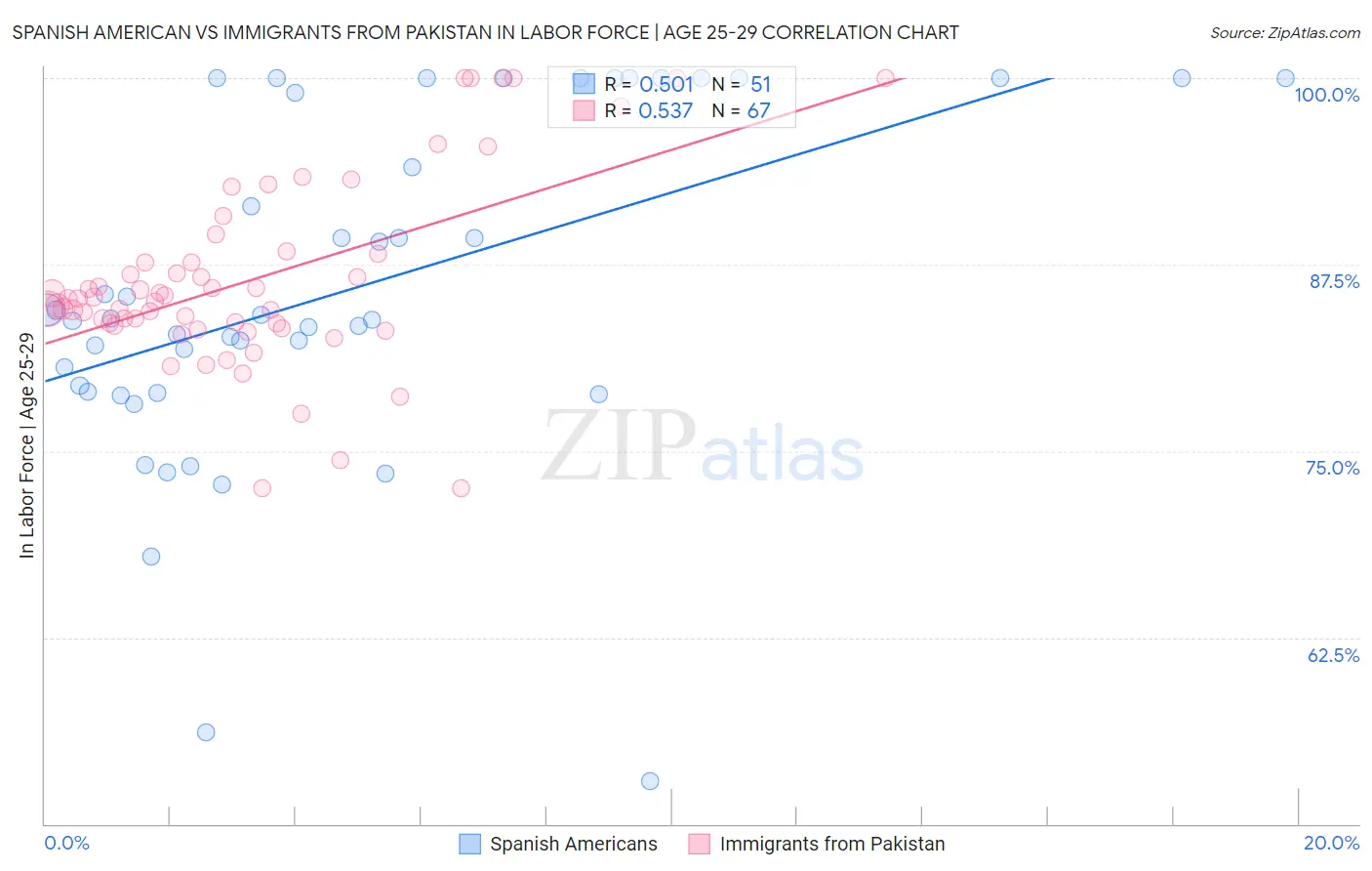 Spanish American vs Immigrants from Pakistan In Labor Force | Age 25-29