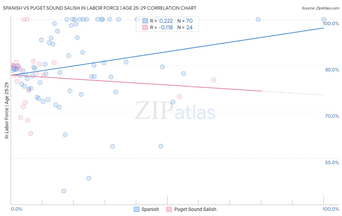Spanish vs Puget Sound Salish In Labor Force | Age 25-29