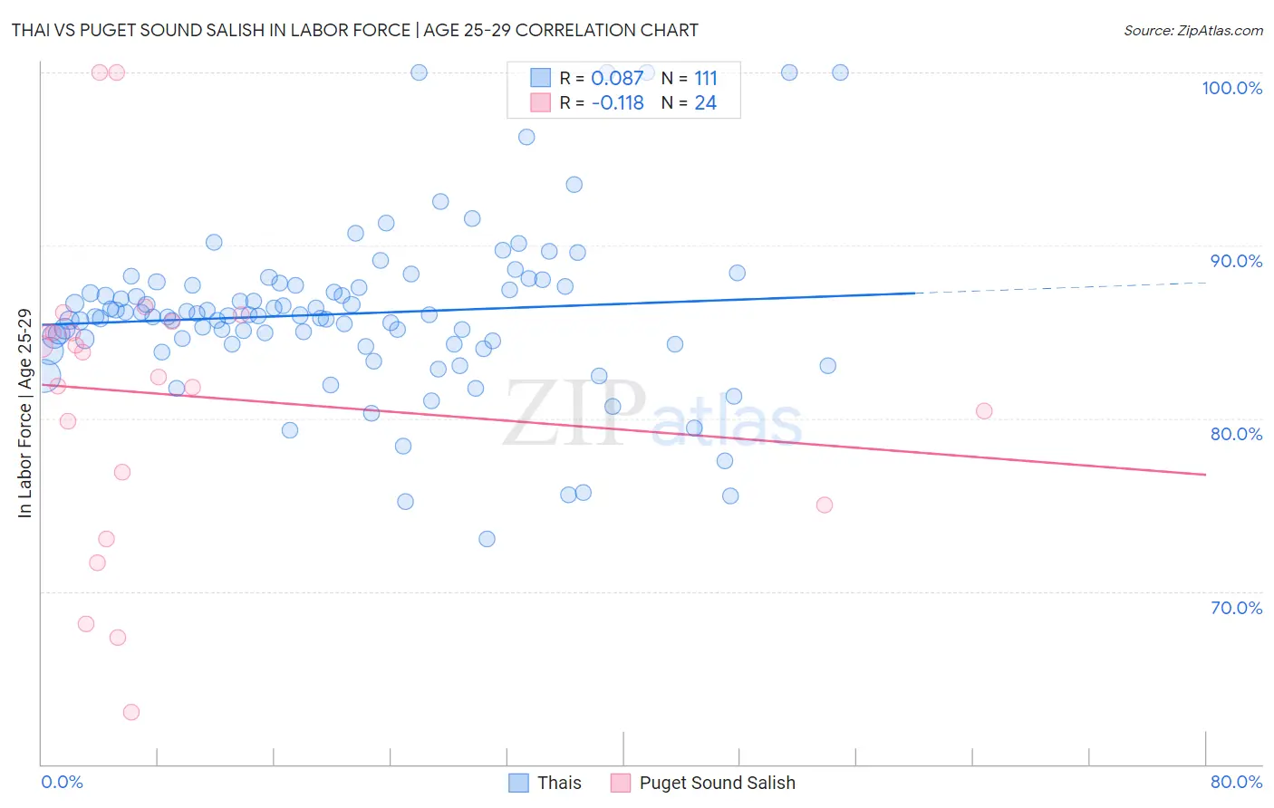 Thai vs Puget Sound Salish In Labor Force | Age 25-29