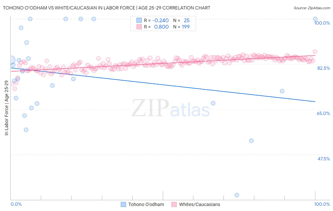 Tohono O'odham vs White/Caucasian In Labor Force | Age 25-29