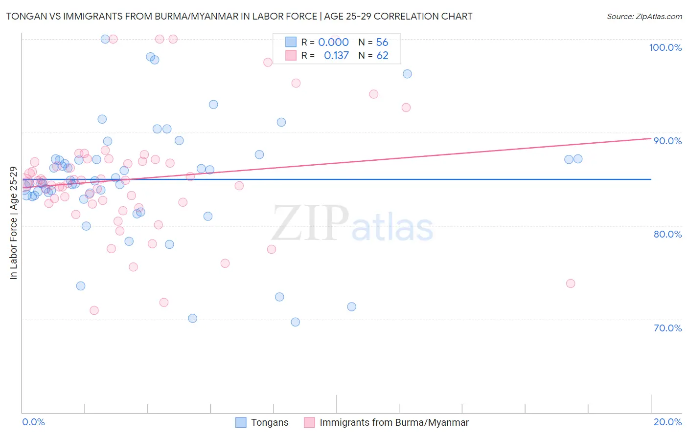 Tongan vs Immigrants from Burma/Myanmar In Labor Force | Age 25-29