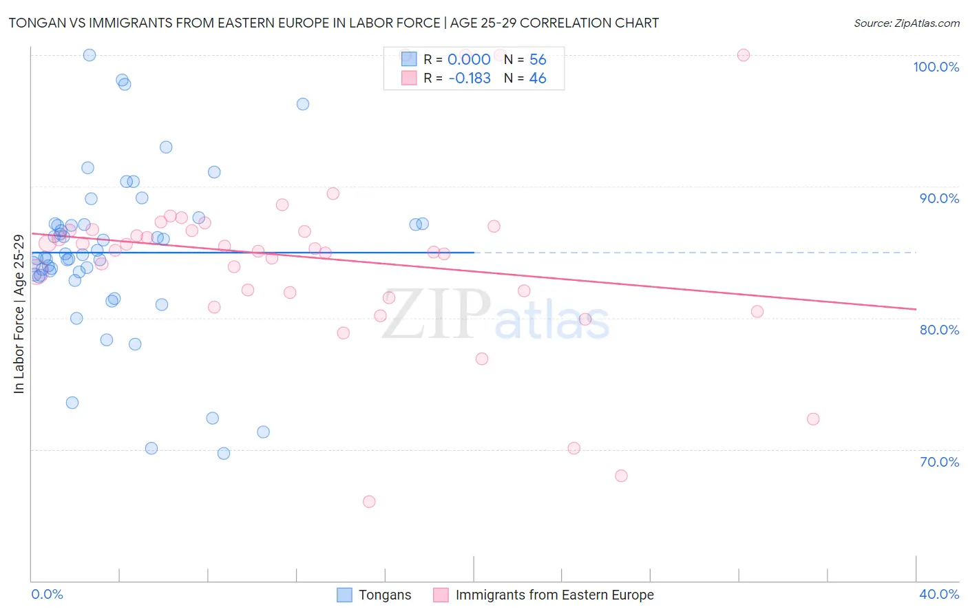 Tongan vs Immigrants from Eastern Europe In Labor Force | Age 25-29