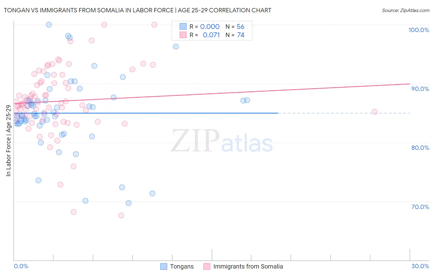 Tongan vs Immigrants from Somalia In Labor Force | Age 25-29