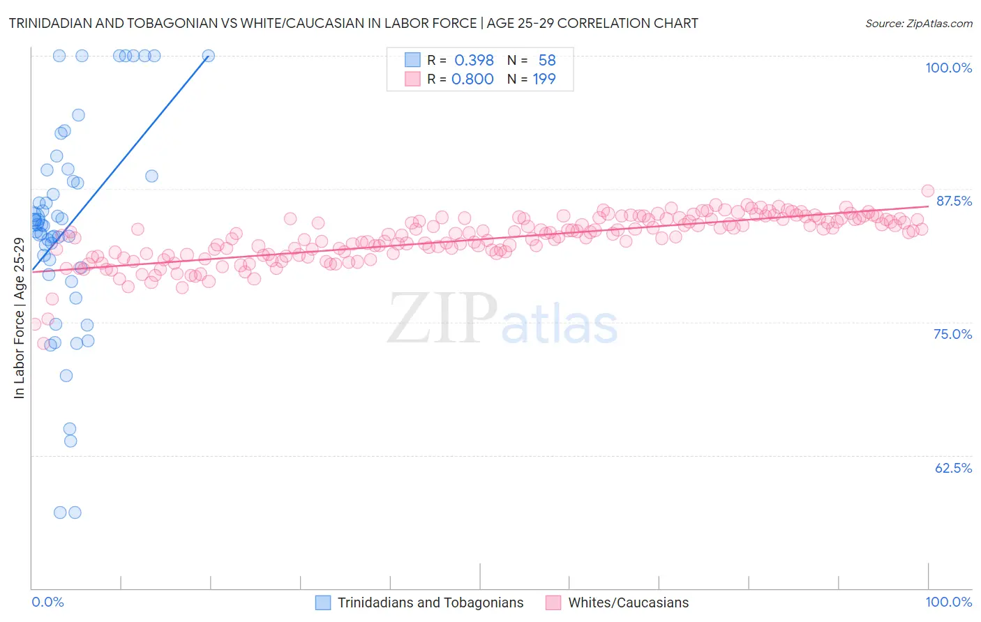 Trinidadian and Tobagonian vs White/Caucasian In Labor Force | Age 25-29