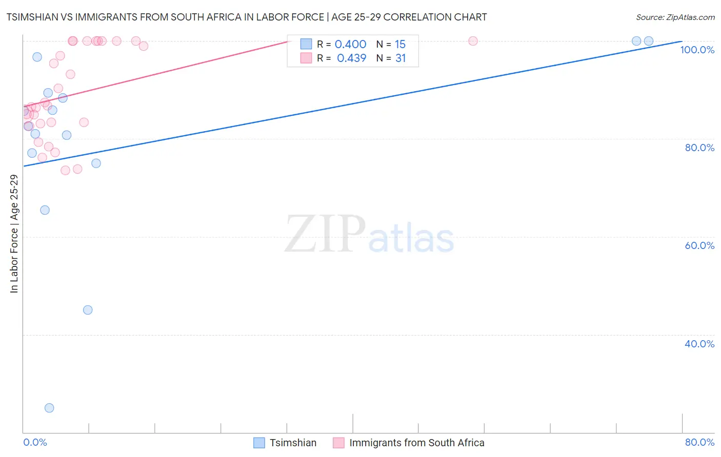 Tsimshian vs Immigrants from South Africa In Labor Force | Age 25-29