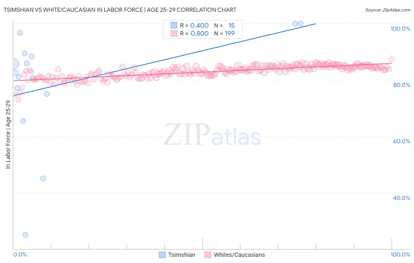 Tsimshian vs White/Caucasian In Labor Force | Age 25-29