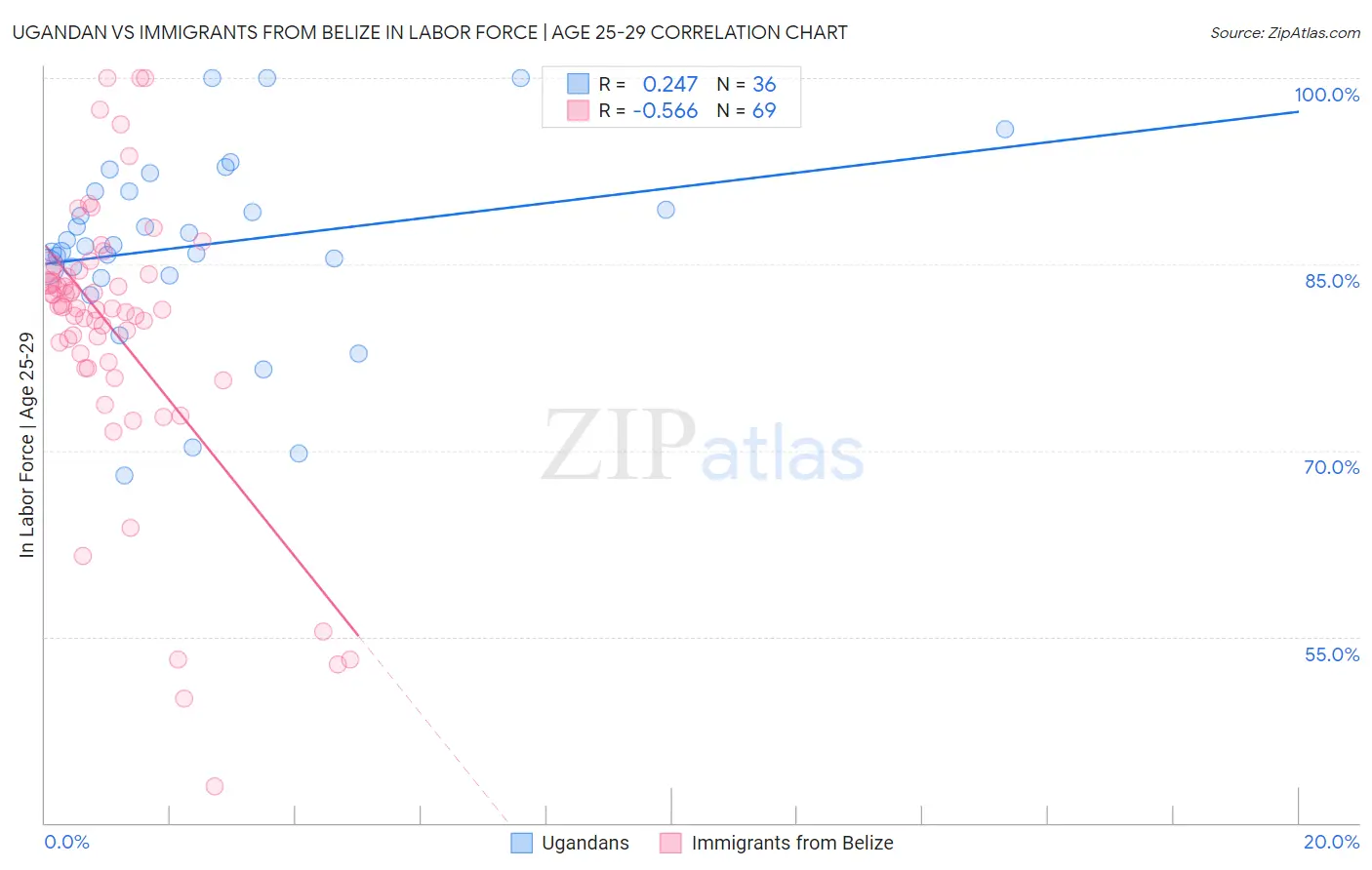 Ugandan vs Immigrants from Belize In Labor Force | Age 25-29