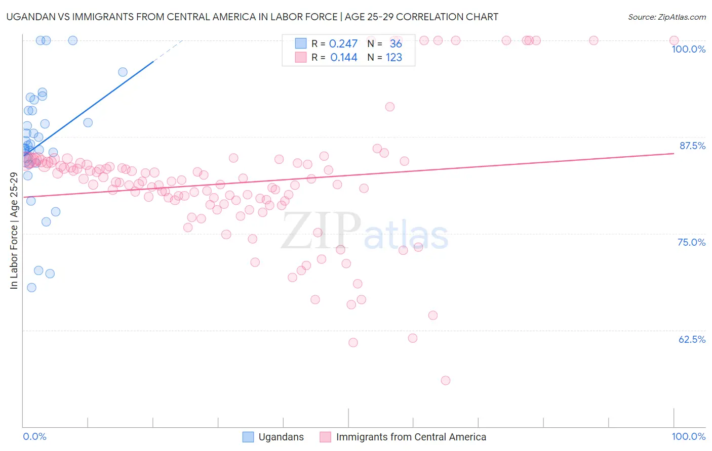 Ugandan vs Immigrants from Central America In Labor Force | Age 25-29