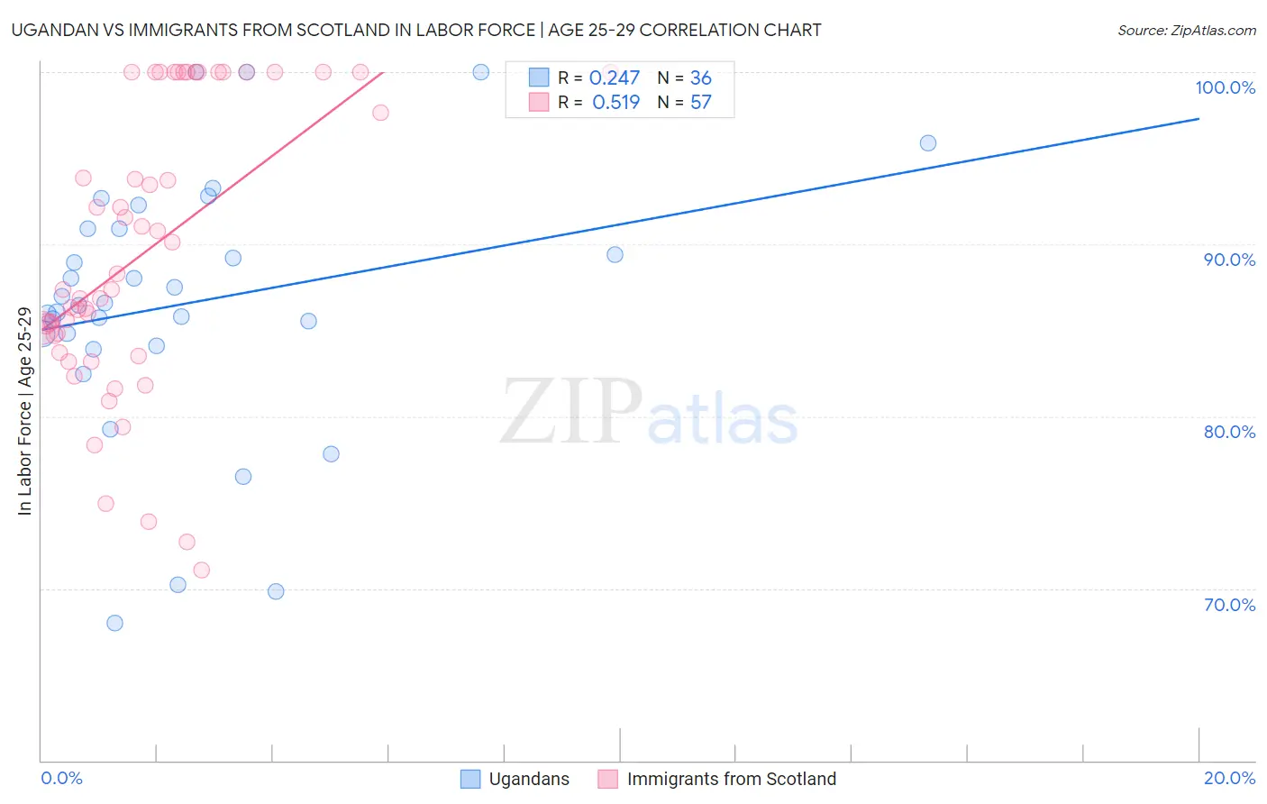 Ugandan vs Immigrants from Scotland In Labor Force | Age 25-29