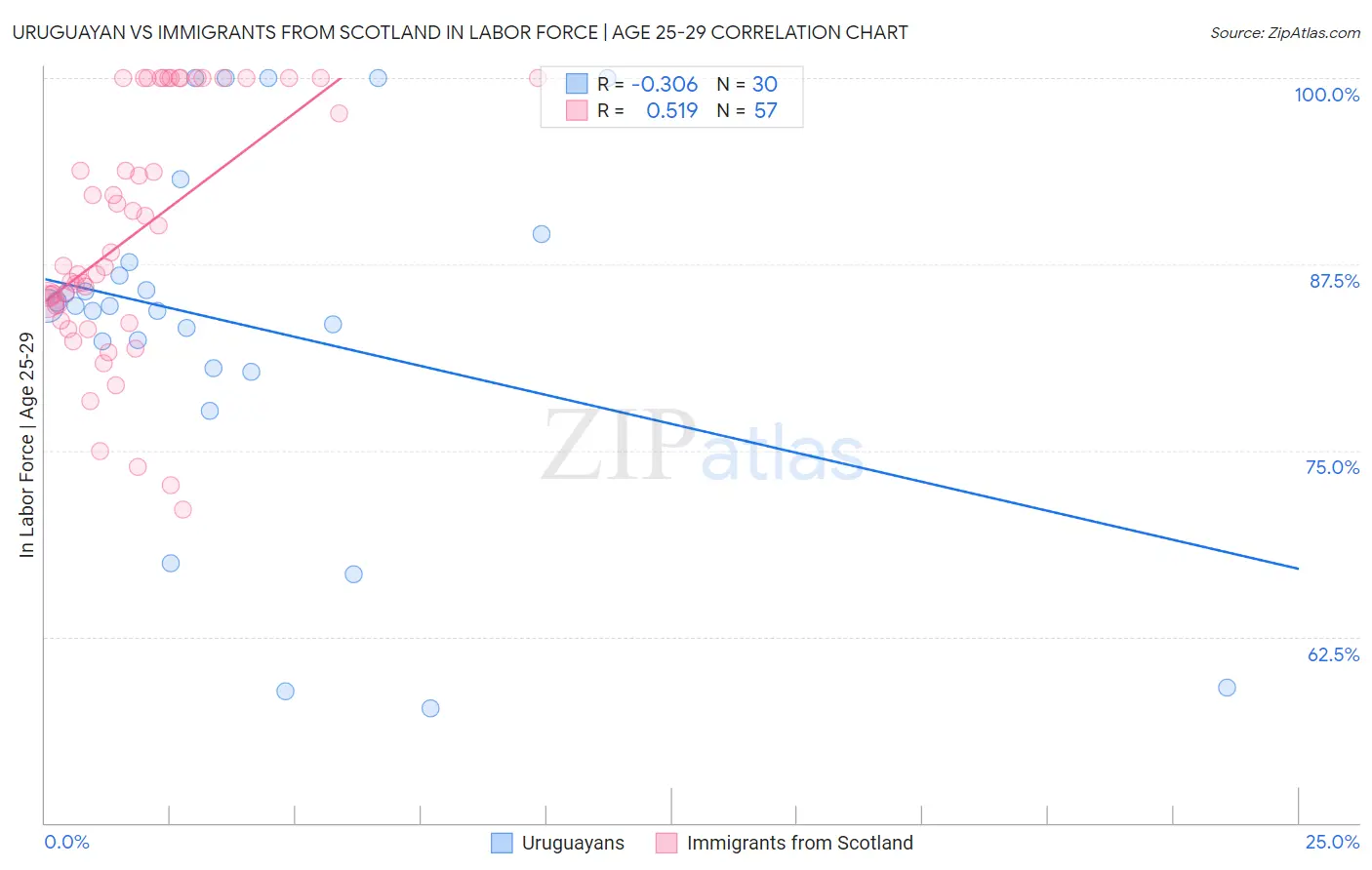 Uruguayan vs Immigrants from Scotland In Labor Force | Age 25-29