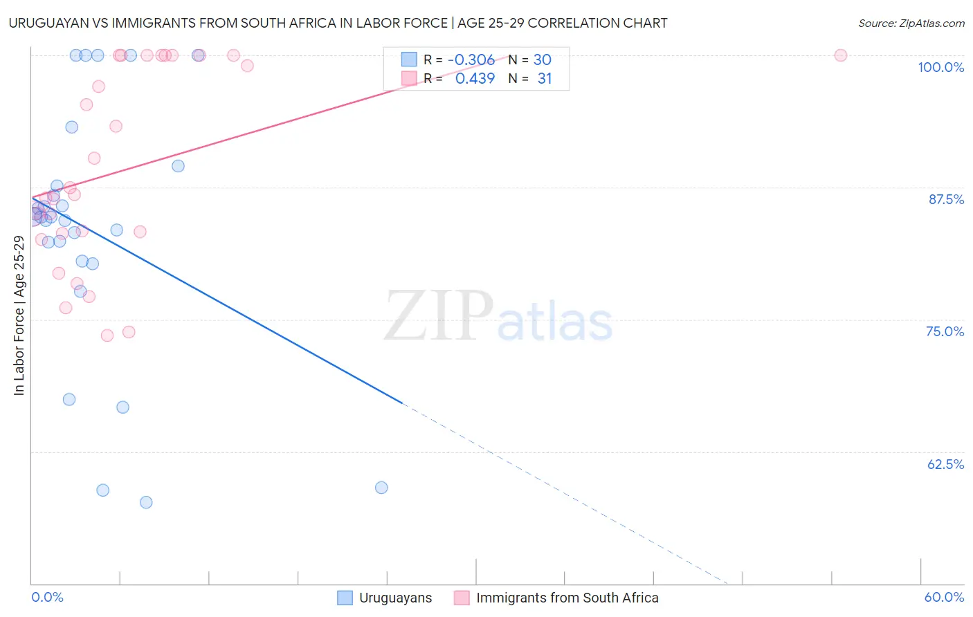 Uruguayan vs Immigrants from South Africa In Labor Force | Age 25-29