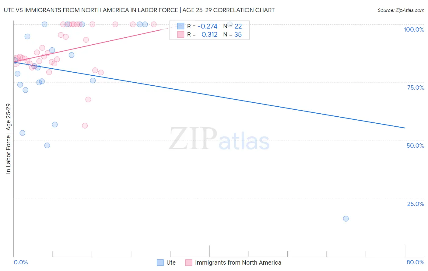 Ute vs Immigrants from North America In Labor Force | Age 25-29