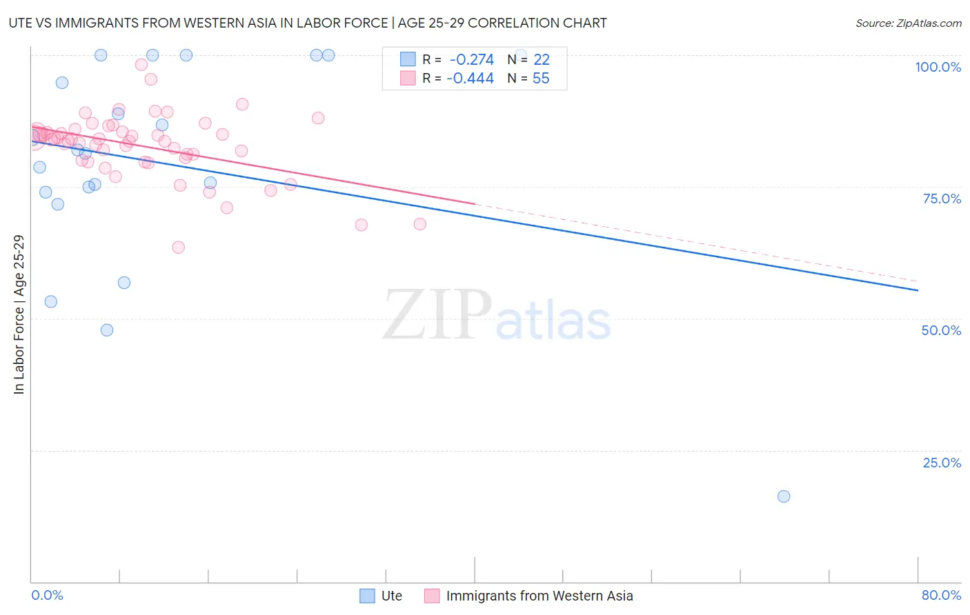 Ute vs Immigrants from Western Asia In Labor Force | Age 25-29