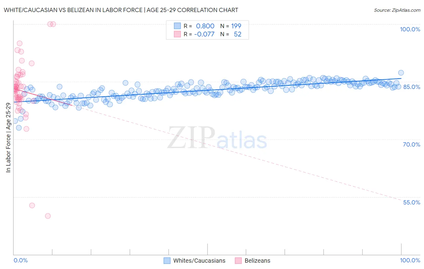 White/Caucasian vs Belizean In Labor Force | Age 25-29