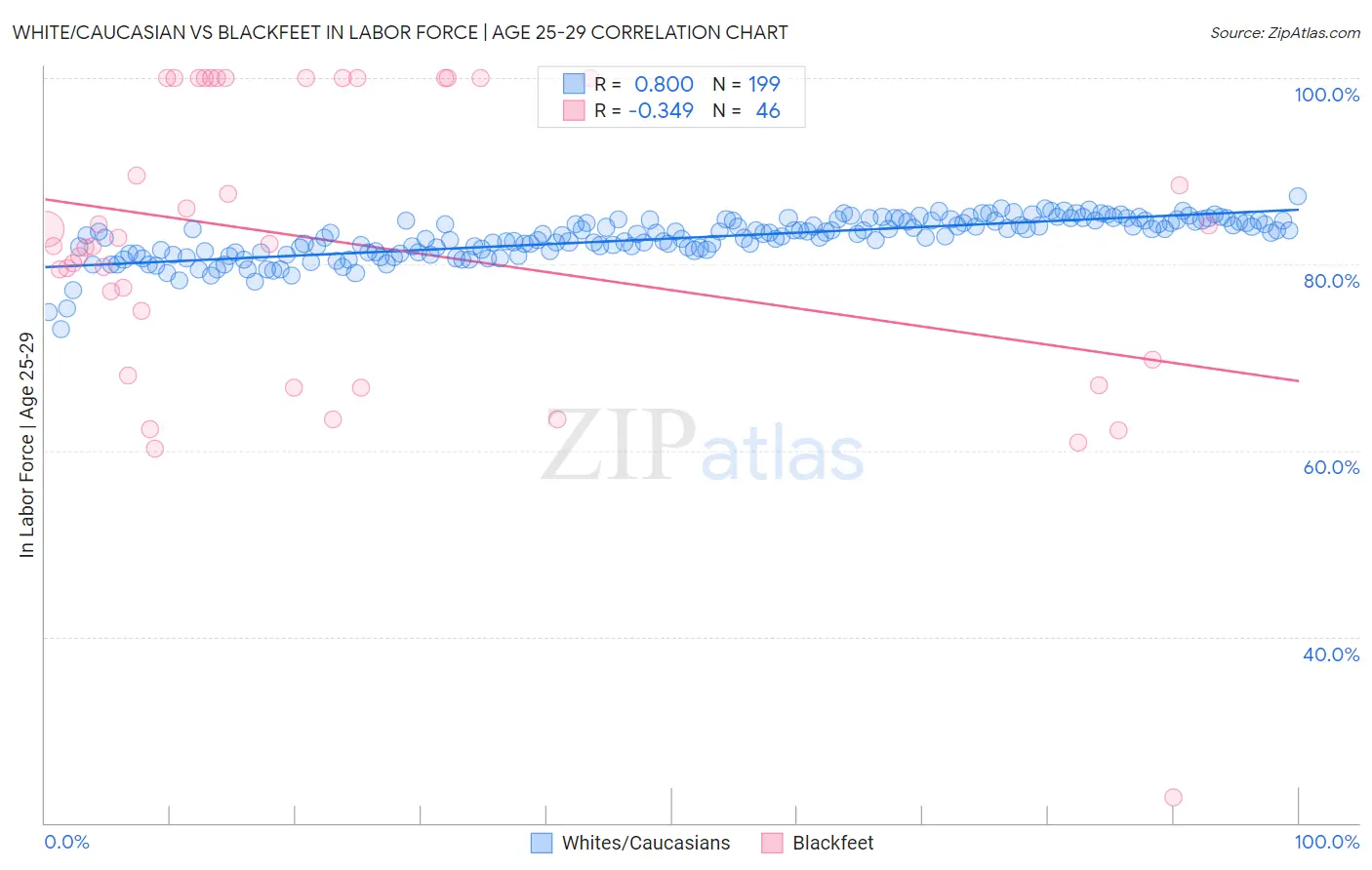 White/Caucasian vs Blackfeet In Labor Force | Age 25-29