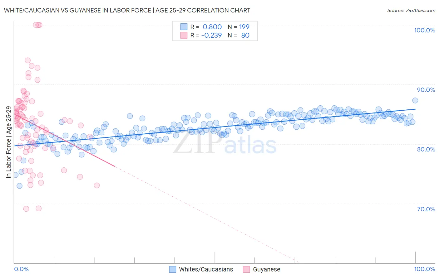 White/Caucasian vs Guyanese In Labor Force | Age 25-29