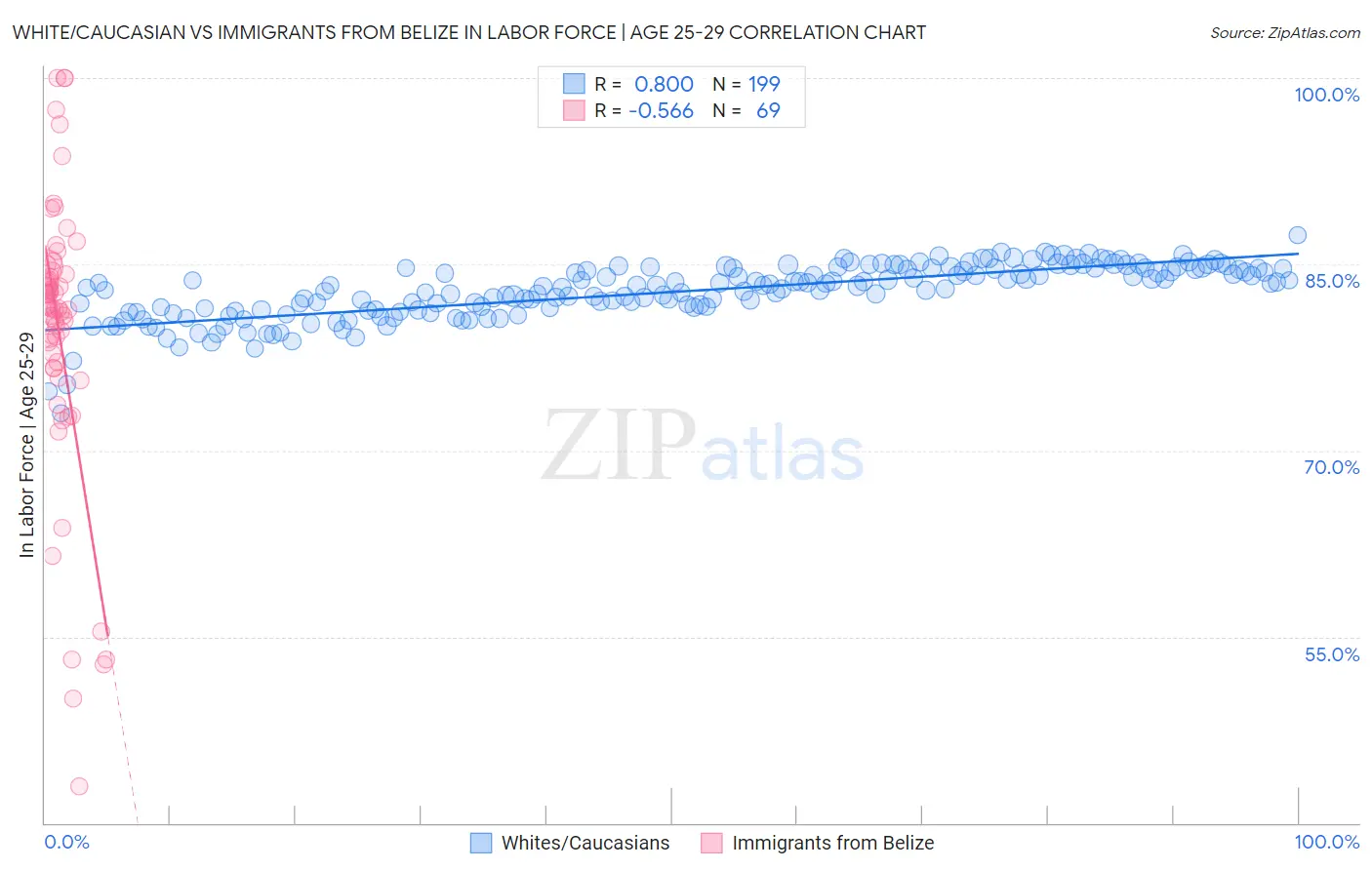 White/Caucasian vs Immigrants from Belize In Labor Force | Age 25-29