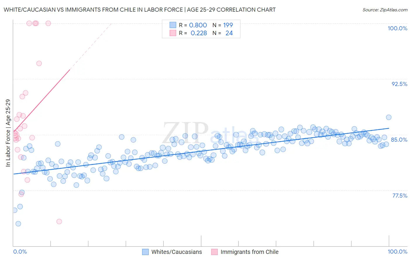 White/Caucasian vs Immigrants from Chile In Labor Force | Age 25-29