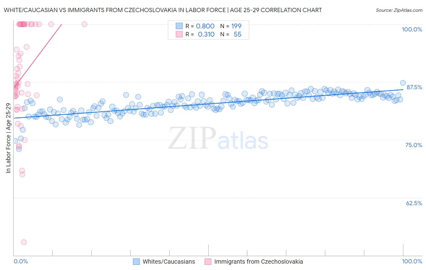 White/Caucasian vs Immigrants from Czechoslovakia In Labor Force | Age 25-29