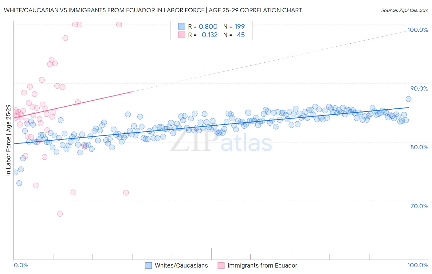 White/Caucasian vs Immigrants from Ecuador In Labor Force | Age 25-29