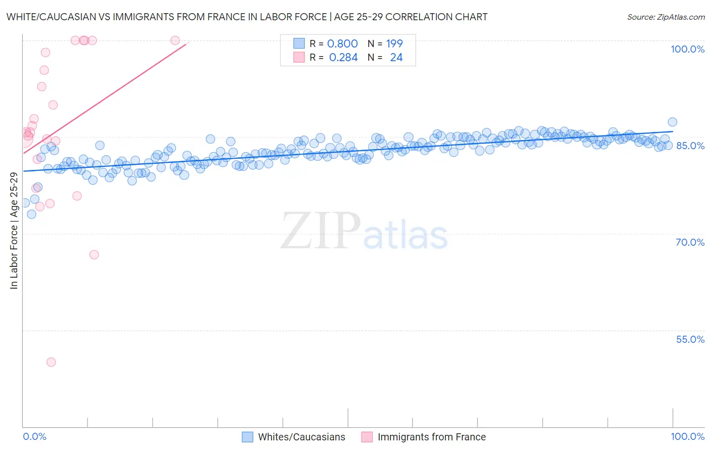 White/Caucasian vs Immigrants from France In Labor Force | Age 25-29