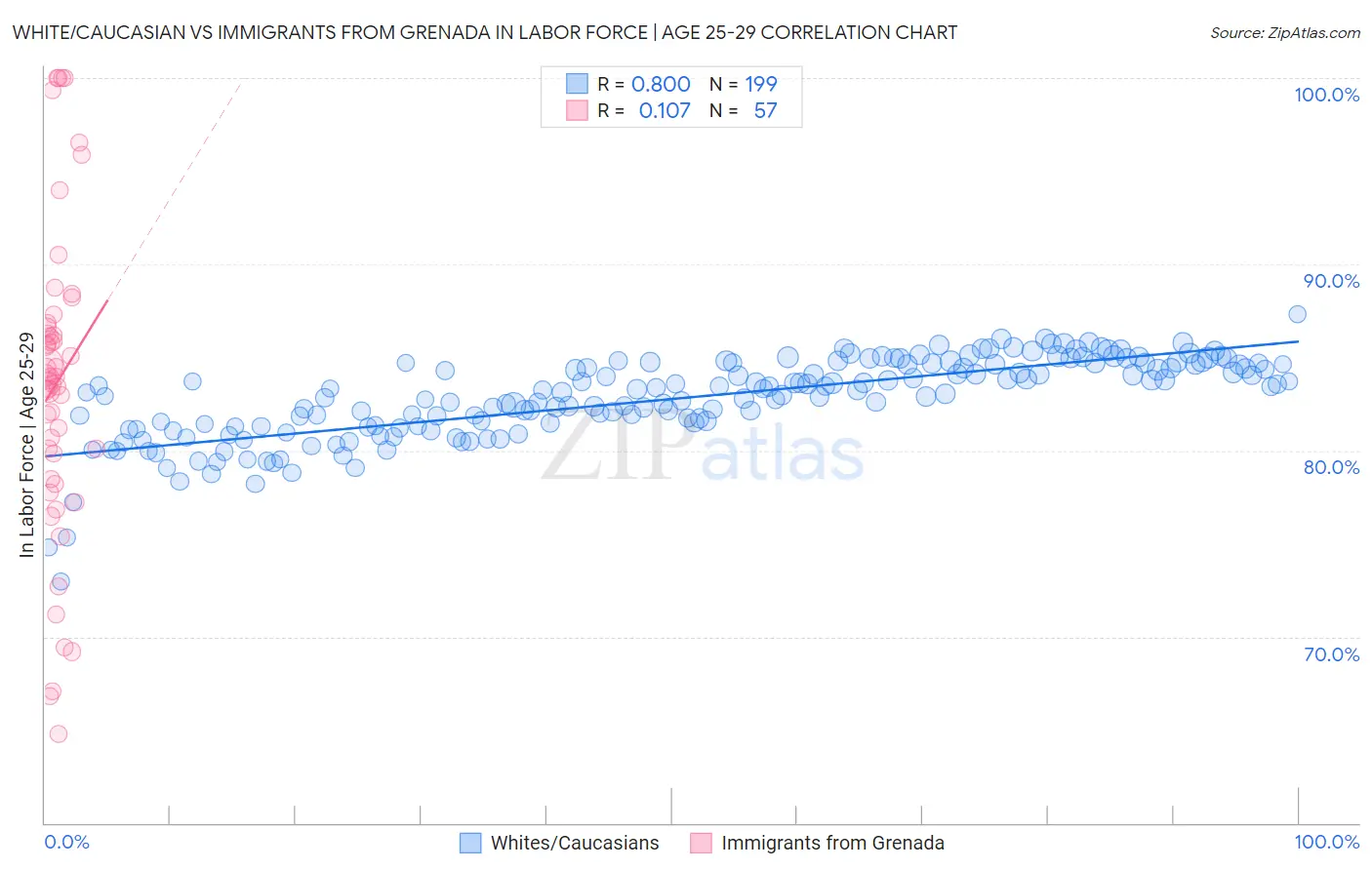White/Caucasian vs Immigrants from Grenada In Labor Force | Age 25-29