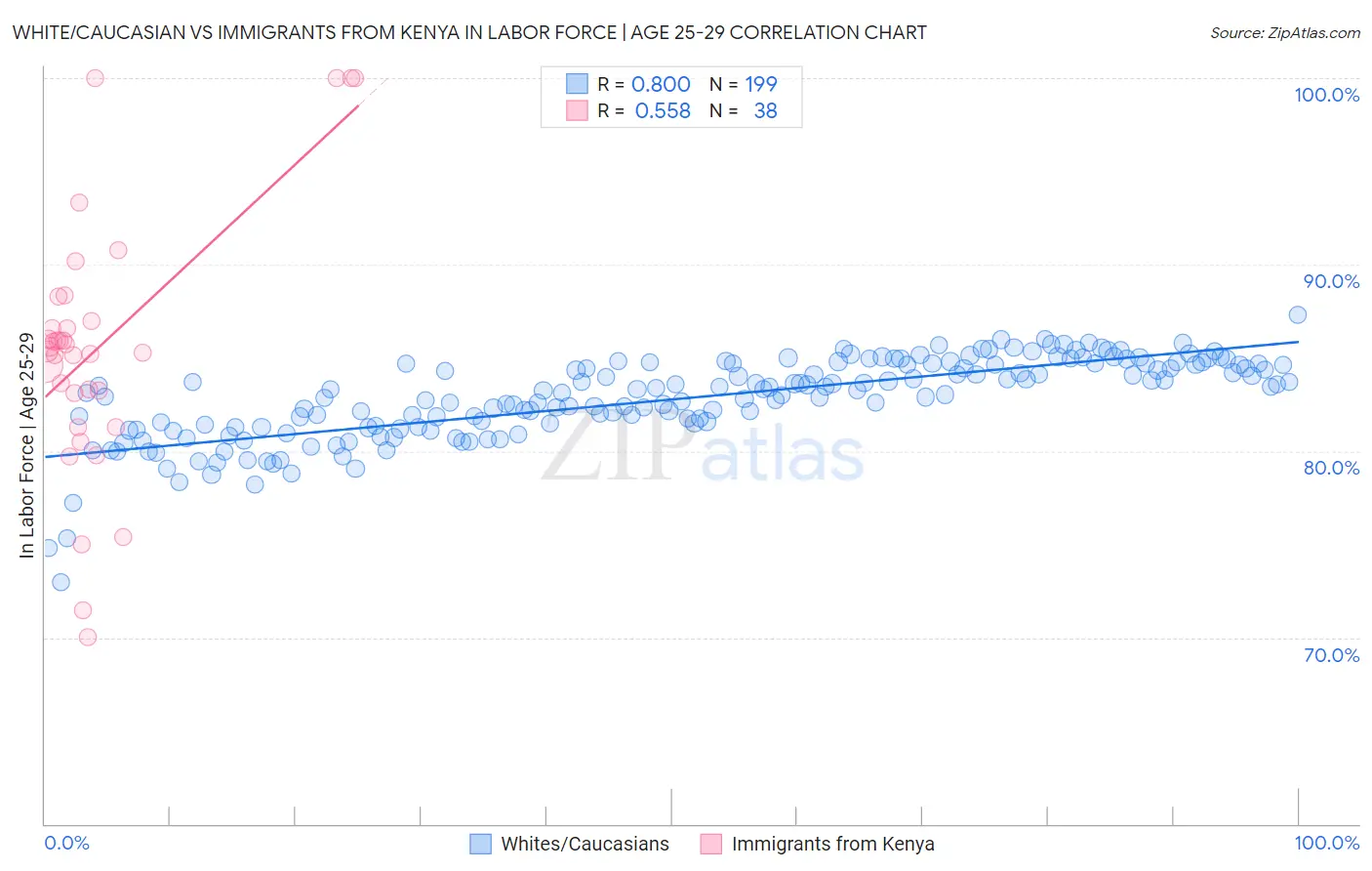 White/Caucasian vs Immigrants from Kenya In Labor Force | Age 25-29