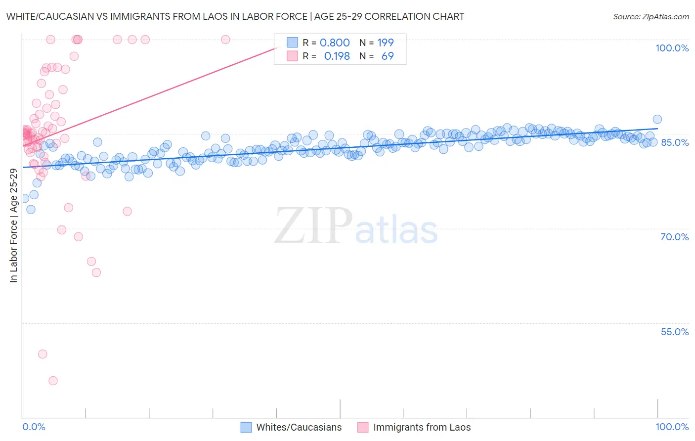 White/Caucasian vs Immigrants from Laos In Labor Force | Age 25-29