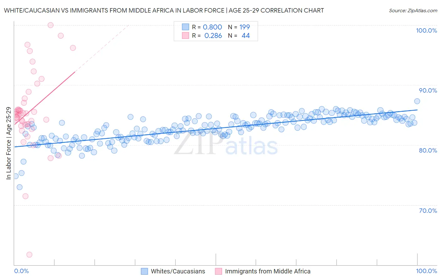 White/Caucasian vs Immigrants from Middle Africa In Labor Force | Age 25-29